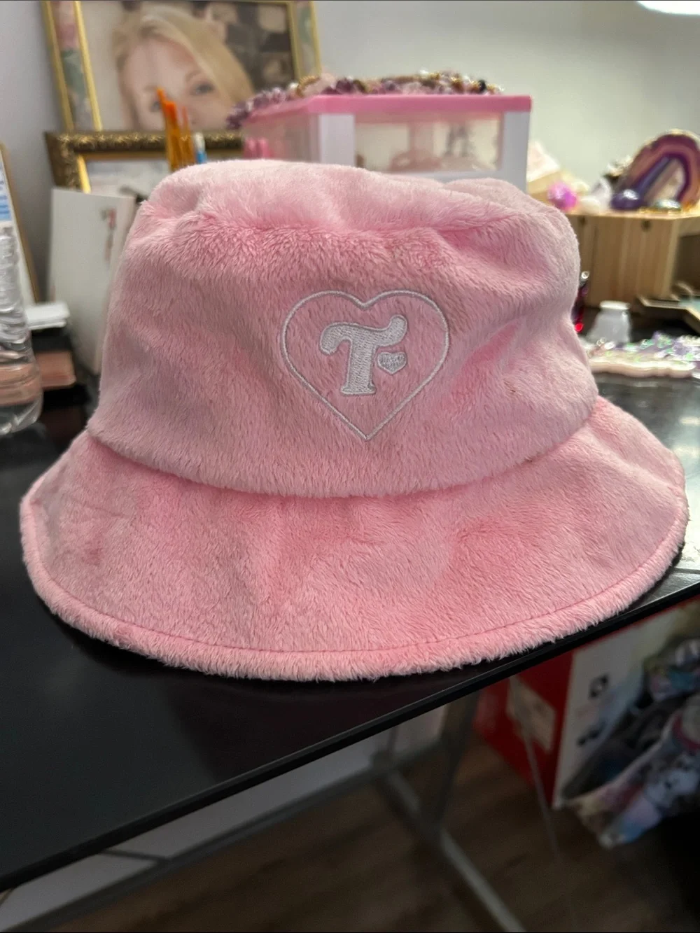 Trixie Cosmetics Plush Pink Bucket Hat with Embroidered Heart